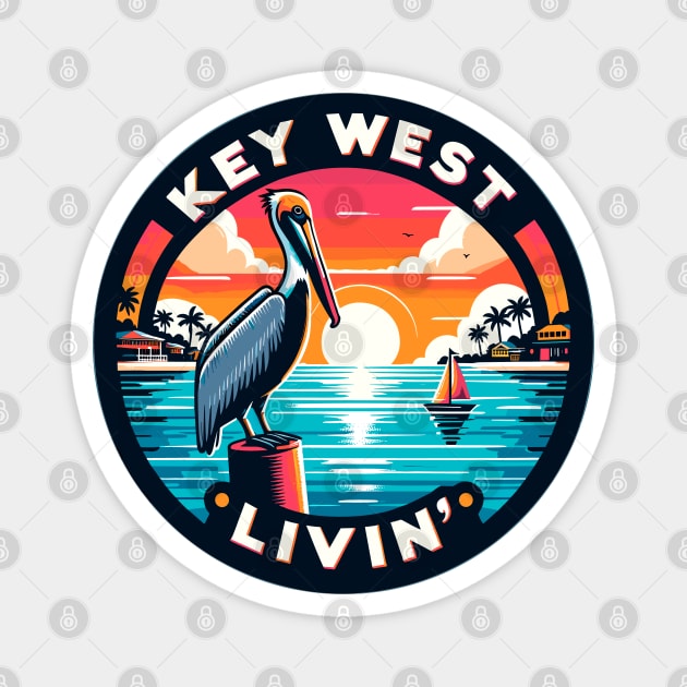 Key West Livin' - Tropical Pelican Scene In Key West Magnet by eighttwentythreetees
